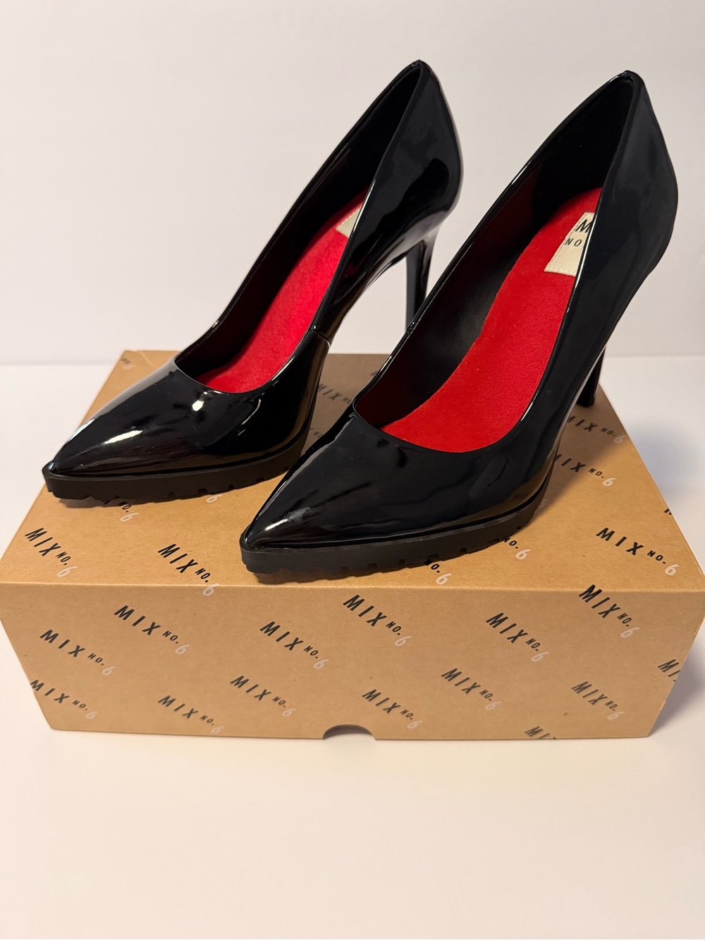 Mix No. 6 Black Patent Pointed Toe Pumps with Red Insole